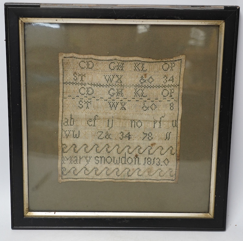 An early 19th century alphabet sampler worked by Mary Snowdon 1813, 21 x 19cm. Condition - poor